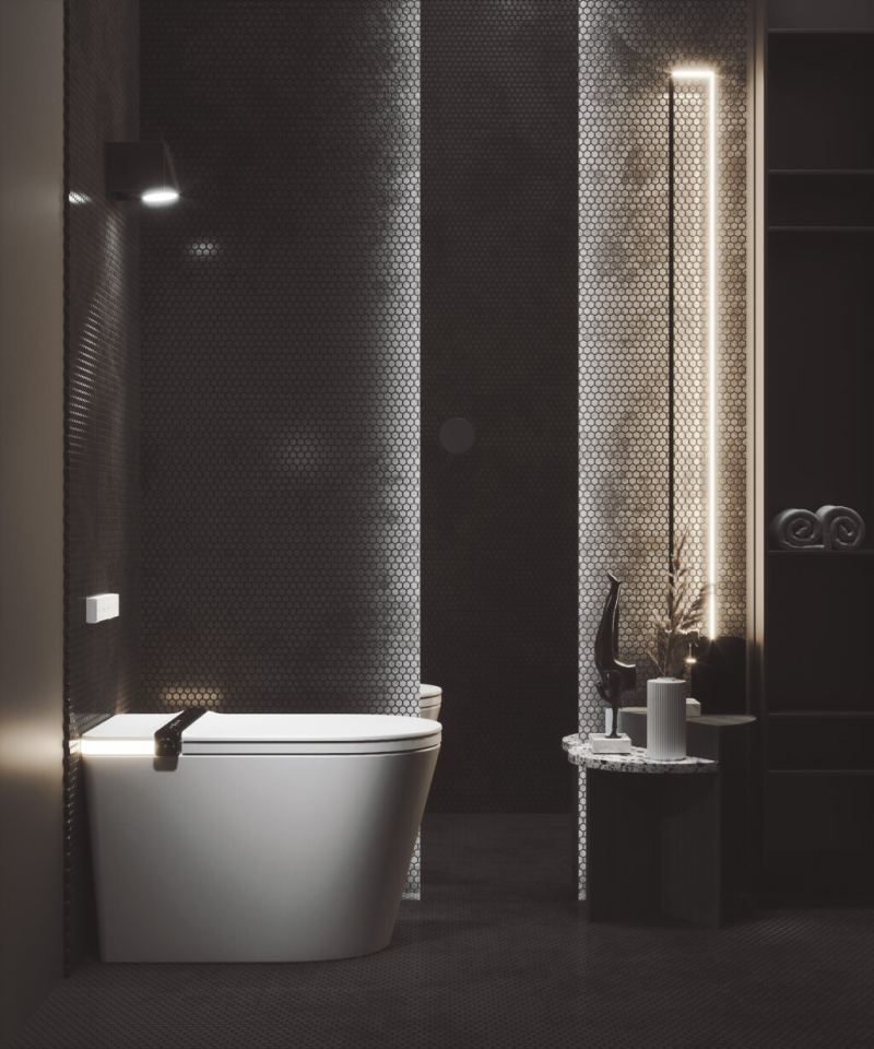 Nashi iAnna en un baño moderno de noche con iluminación ambiental